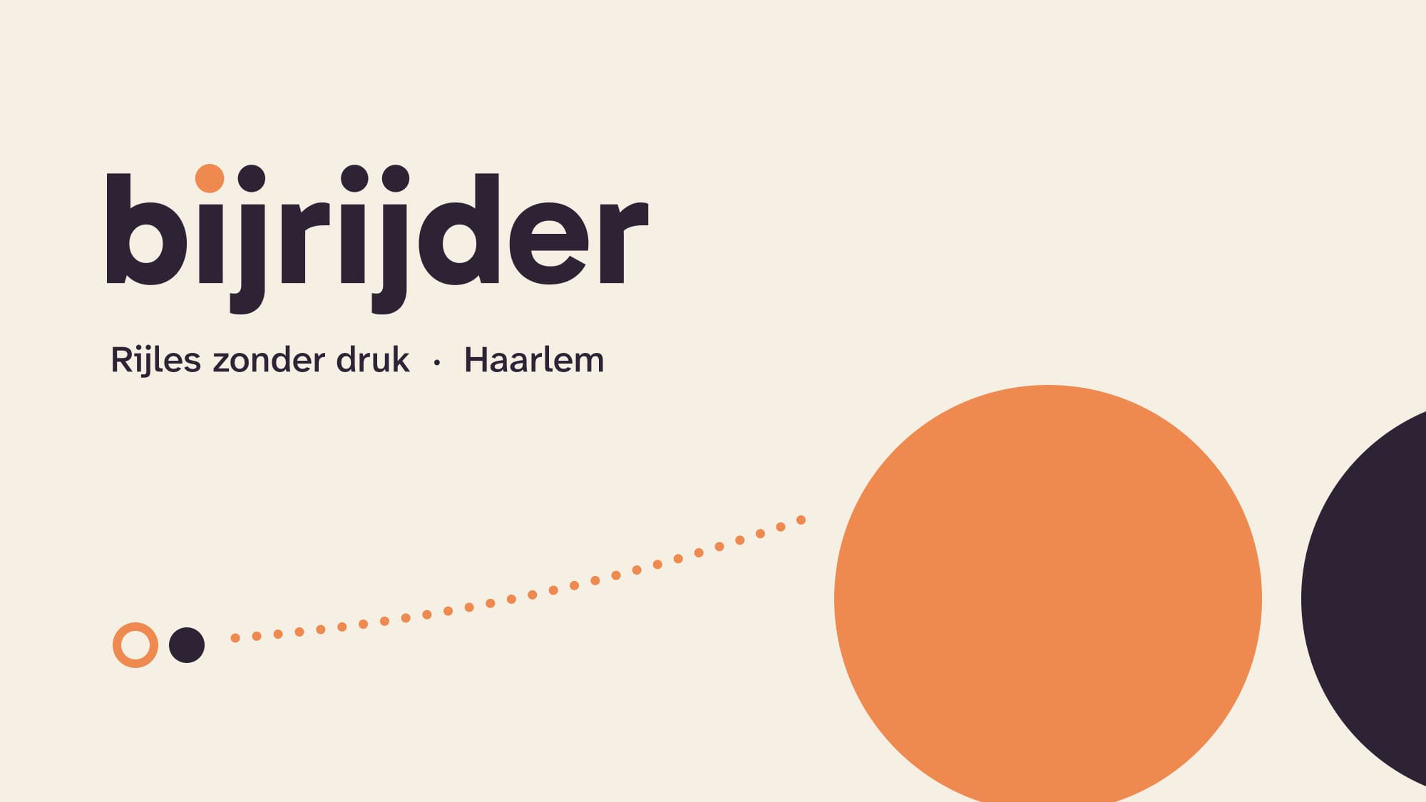 Het Bijrijder-logo met de regel Rijles zonder druk, Haarlem, en een spoor van stippen naar twee grote stippen