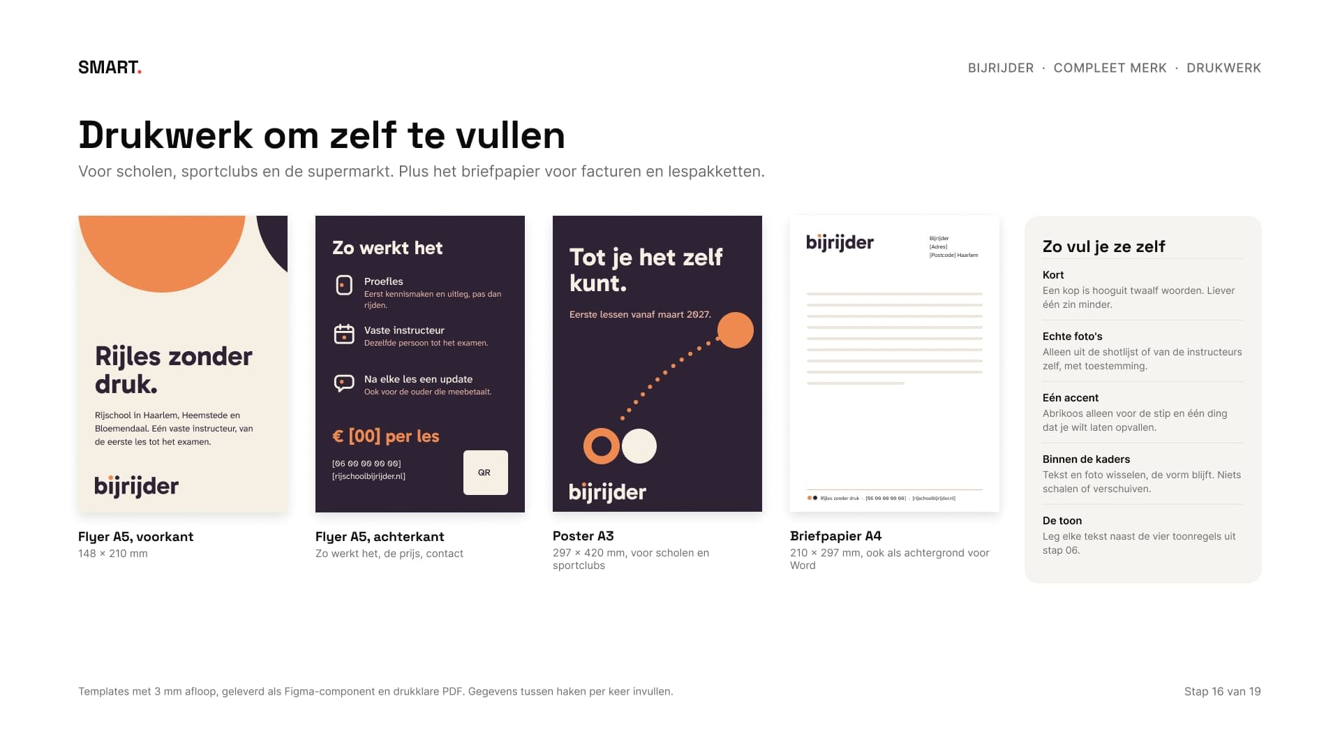 Een flyer voor en achter, een poster en briefpapier, met regels om ze zelf te vullen