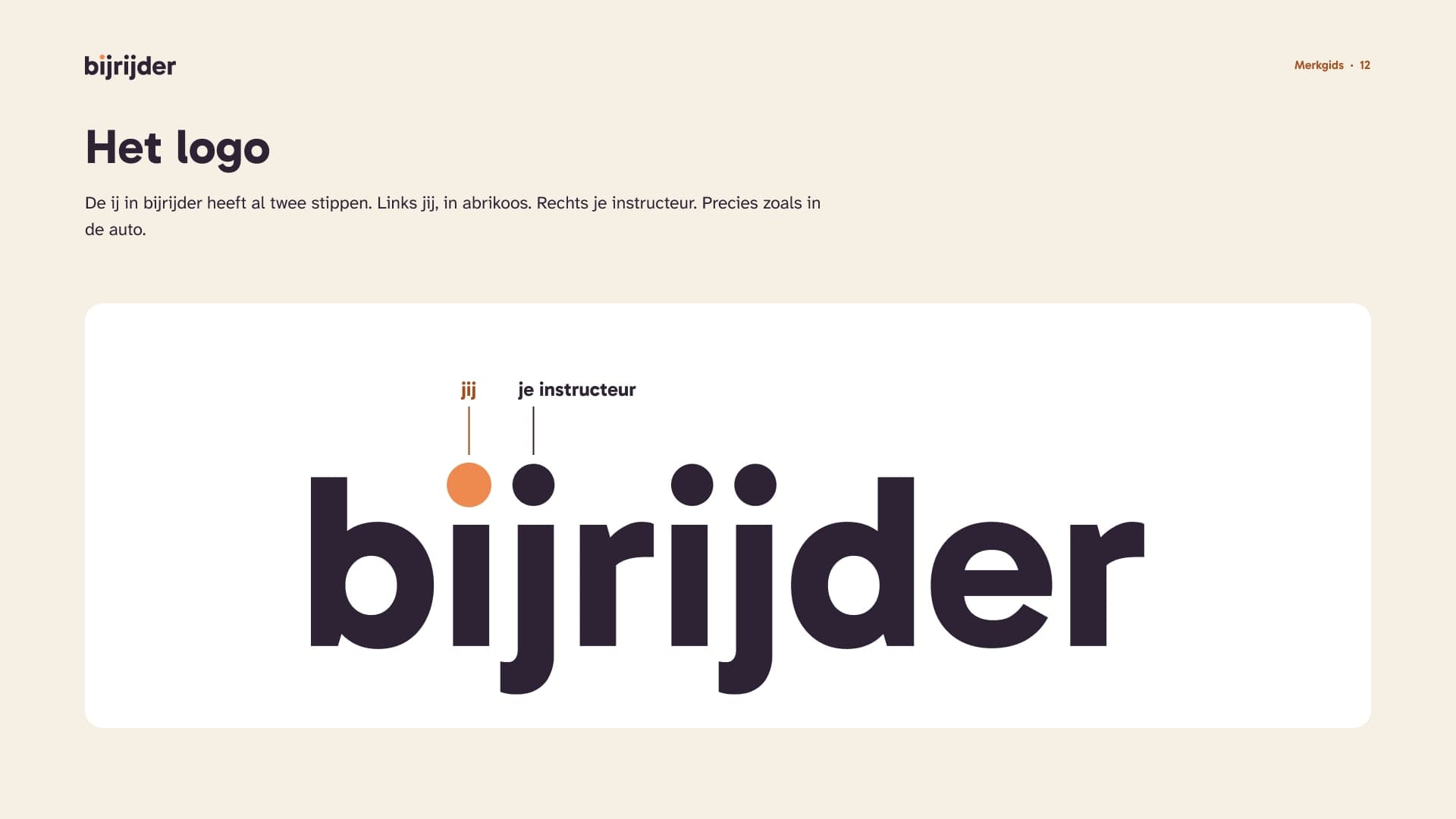 Pagina uit de merkgids over het logo, met jij en je instructeur bij de twee stippen