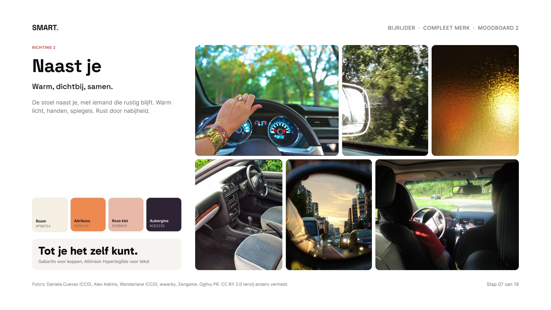 Moodboard Naast je met foto's uit de auto en de kleuren room, abrikoos, roze klei en aubergine