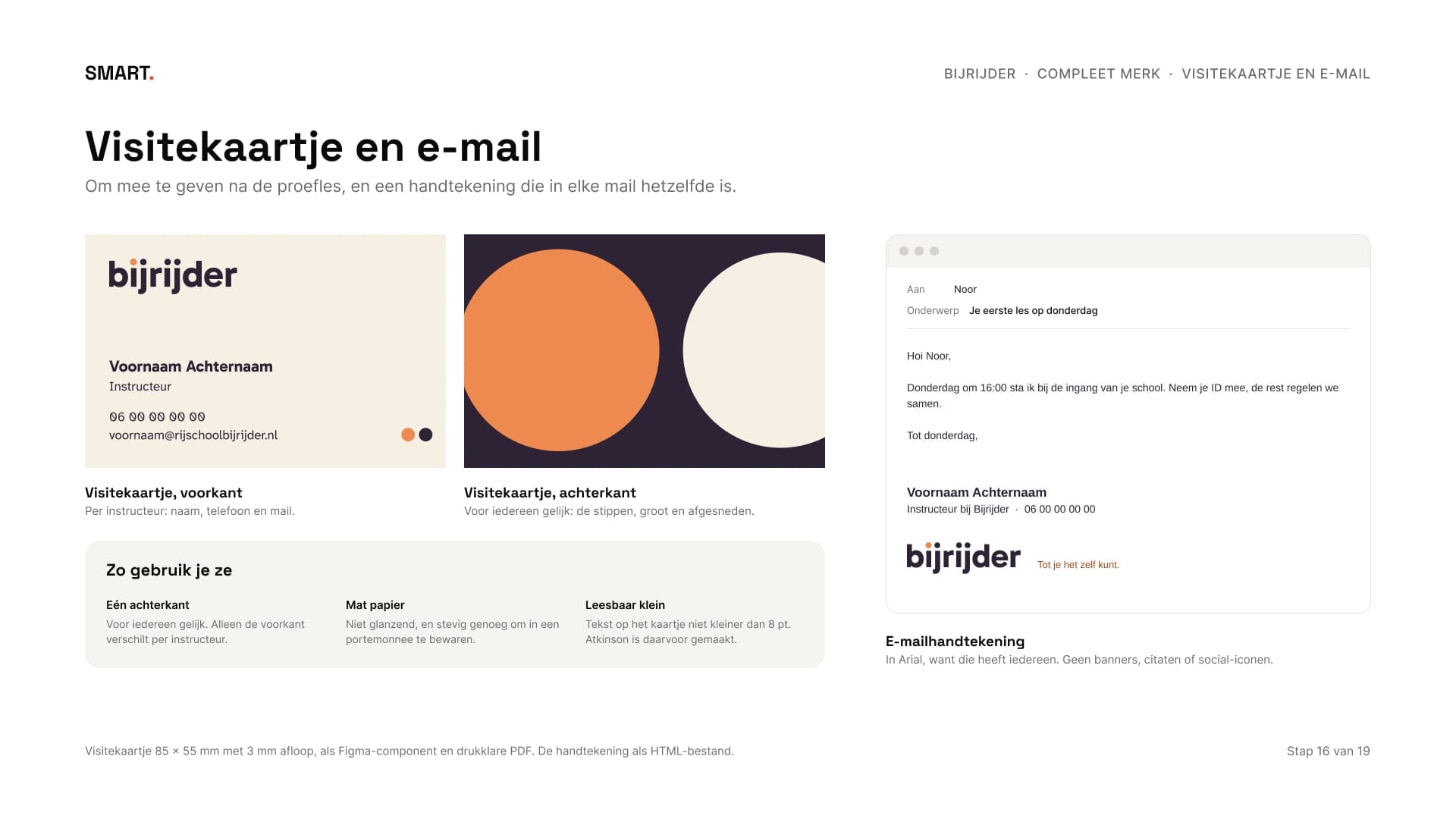 Het visitekaartje voor en achter en de e-mailhandtekening in een mailvenster