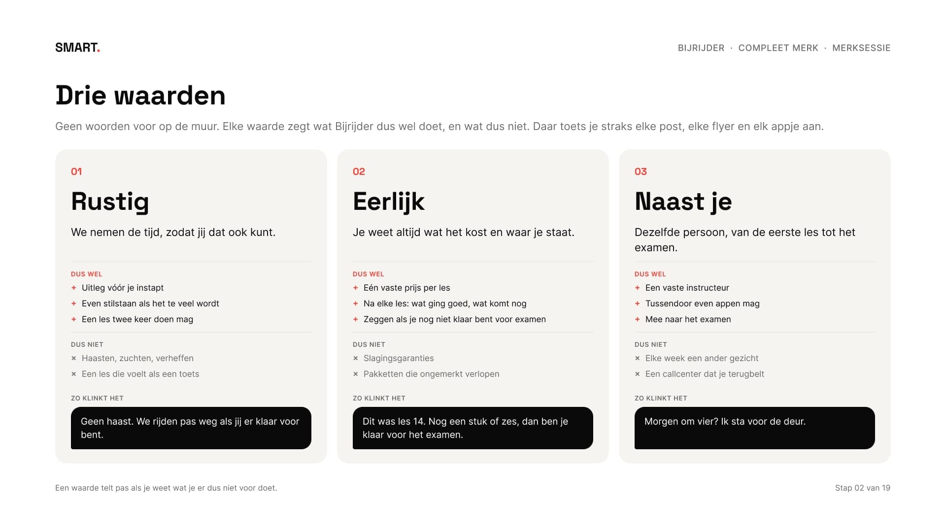 Drie waarden, rustig, eerlijk en naast je, elk met wat het wel en niet betekent
