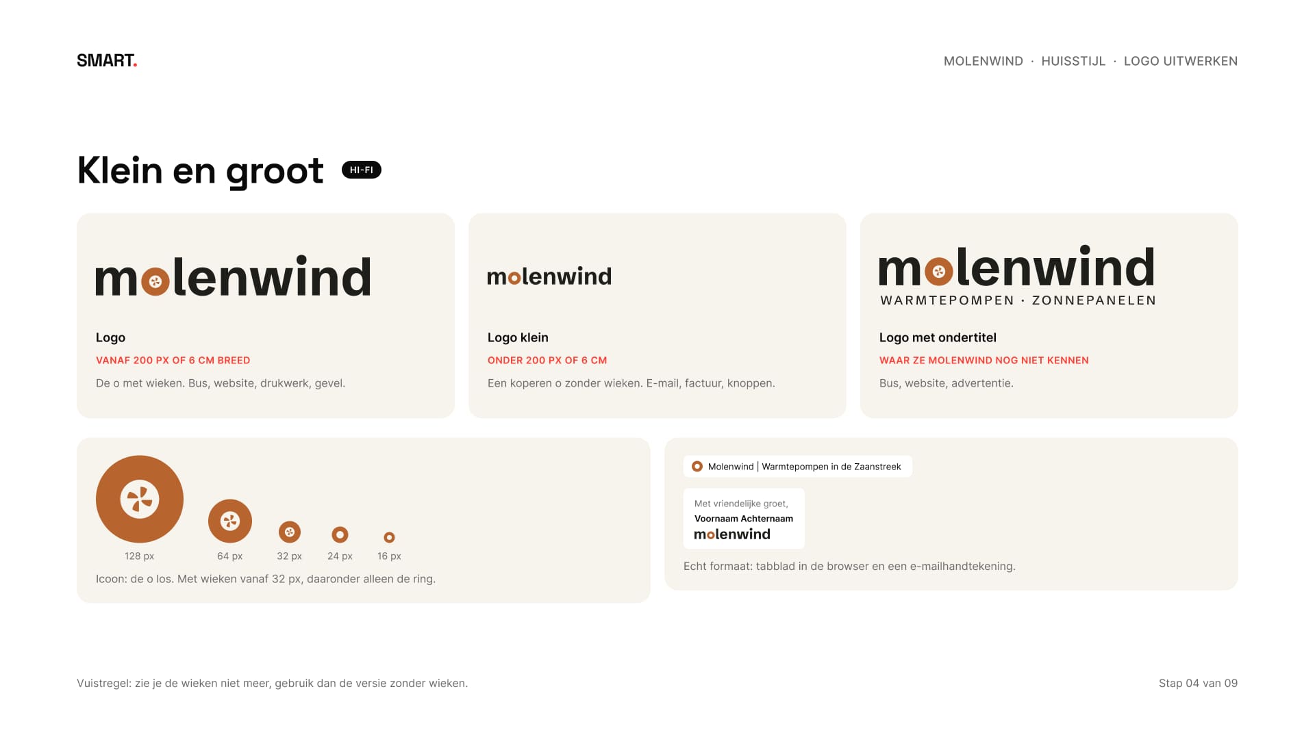 De vijf versies op hun maat, met een browsertabblad en een e-mailhandtekening op echt formaat