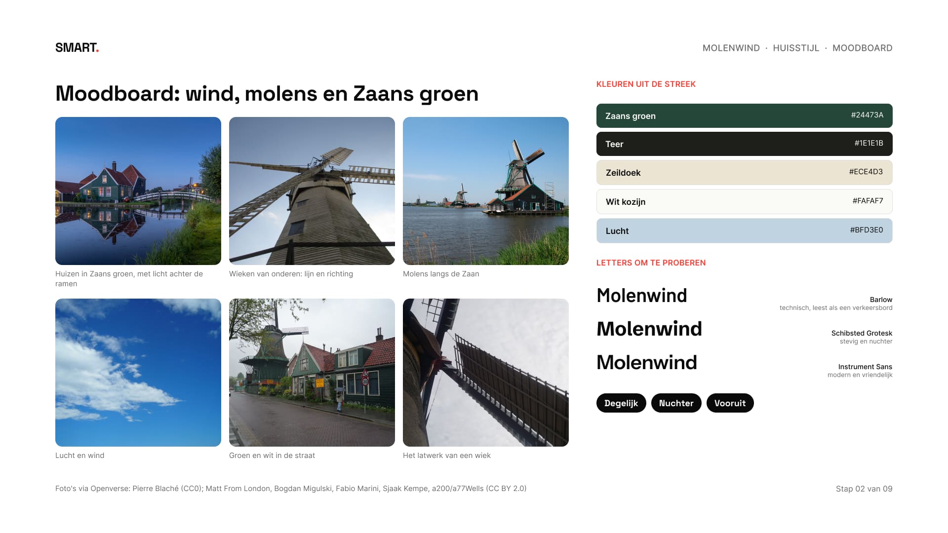 Moodboard met foto's van Zaanse huizen, molens, wieken en lucht, met vijf kleuren en drie letters