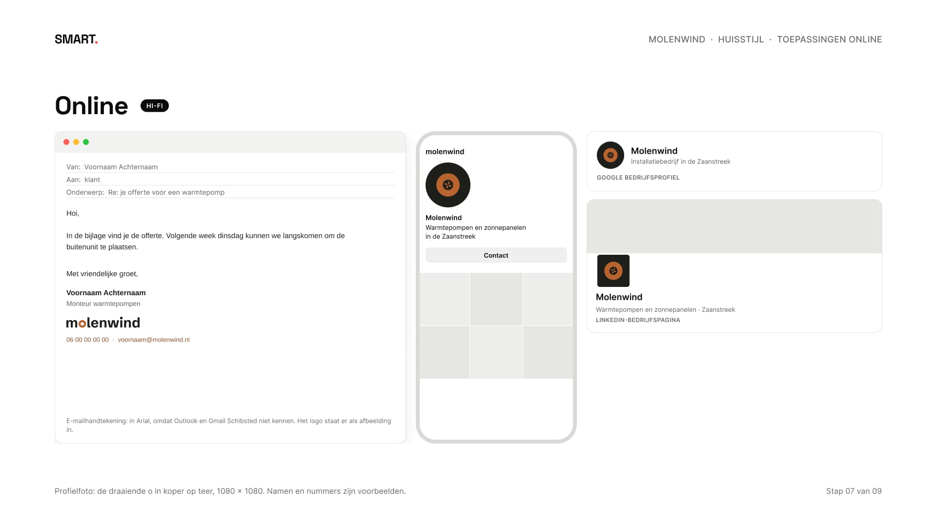De e-mailhandtekening in een mailvenster, de profielfoto op Instagram, Google en LinkedIn