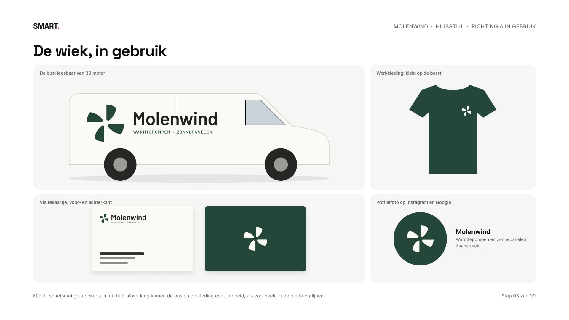 Richting A op een witte bus, een groen shirt, een visitekaartje en als profielfoto