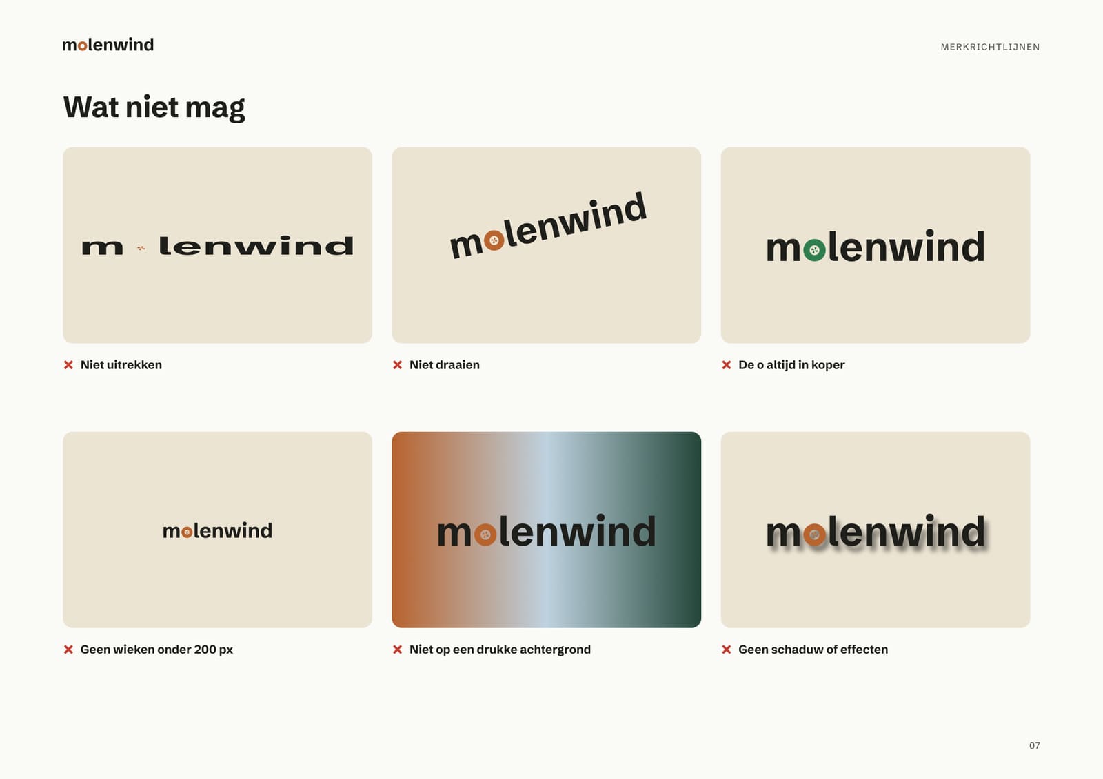 Pagina uit de merkrichtlijnen met zes dingen die niet mogen