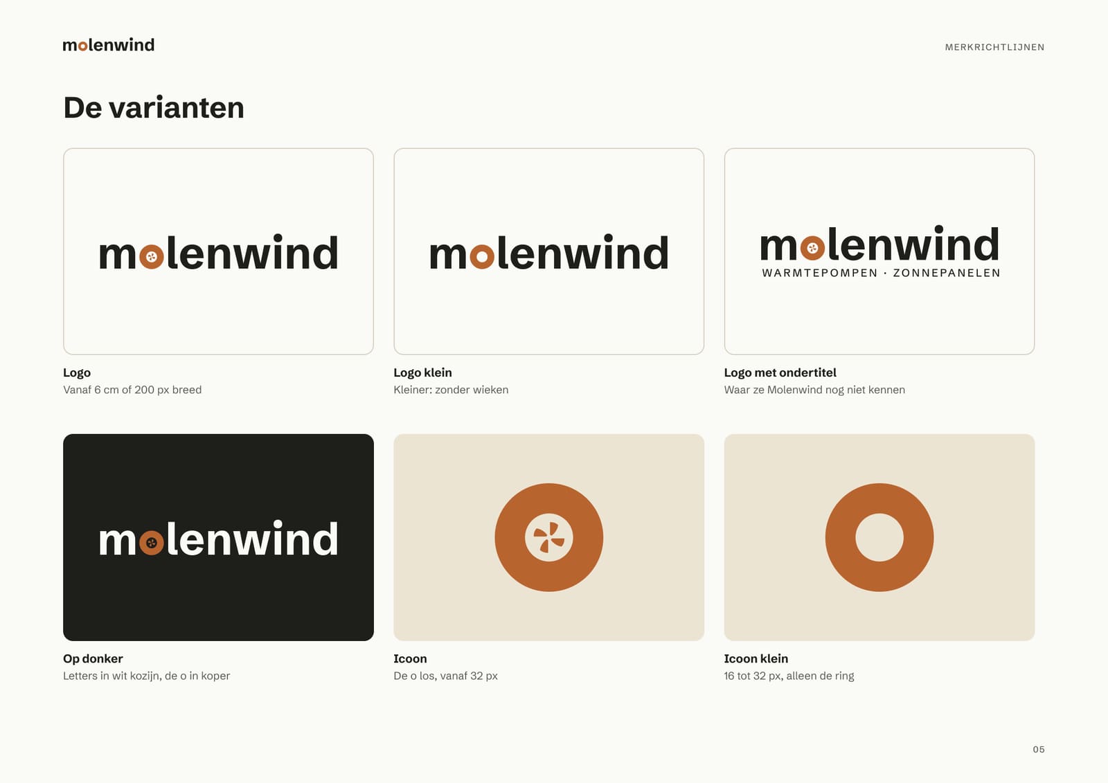 Pagina uit de merkrichtlijnen met de zes versies van het logo