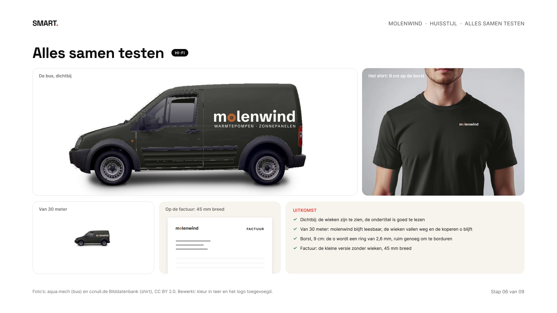 De donkere bus met het logo, een shirt met het borstlogo, de bus klein van ver en een factuur