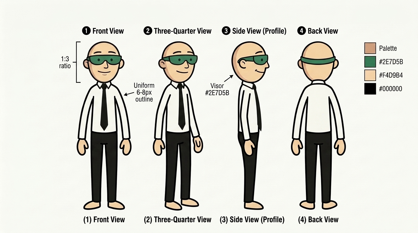 PeterTheStickMan character reference sheet: front, driekwart, zij- en achteraanzicht