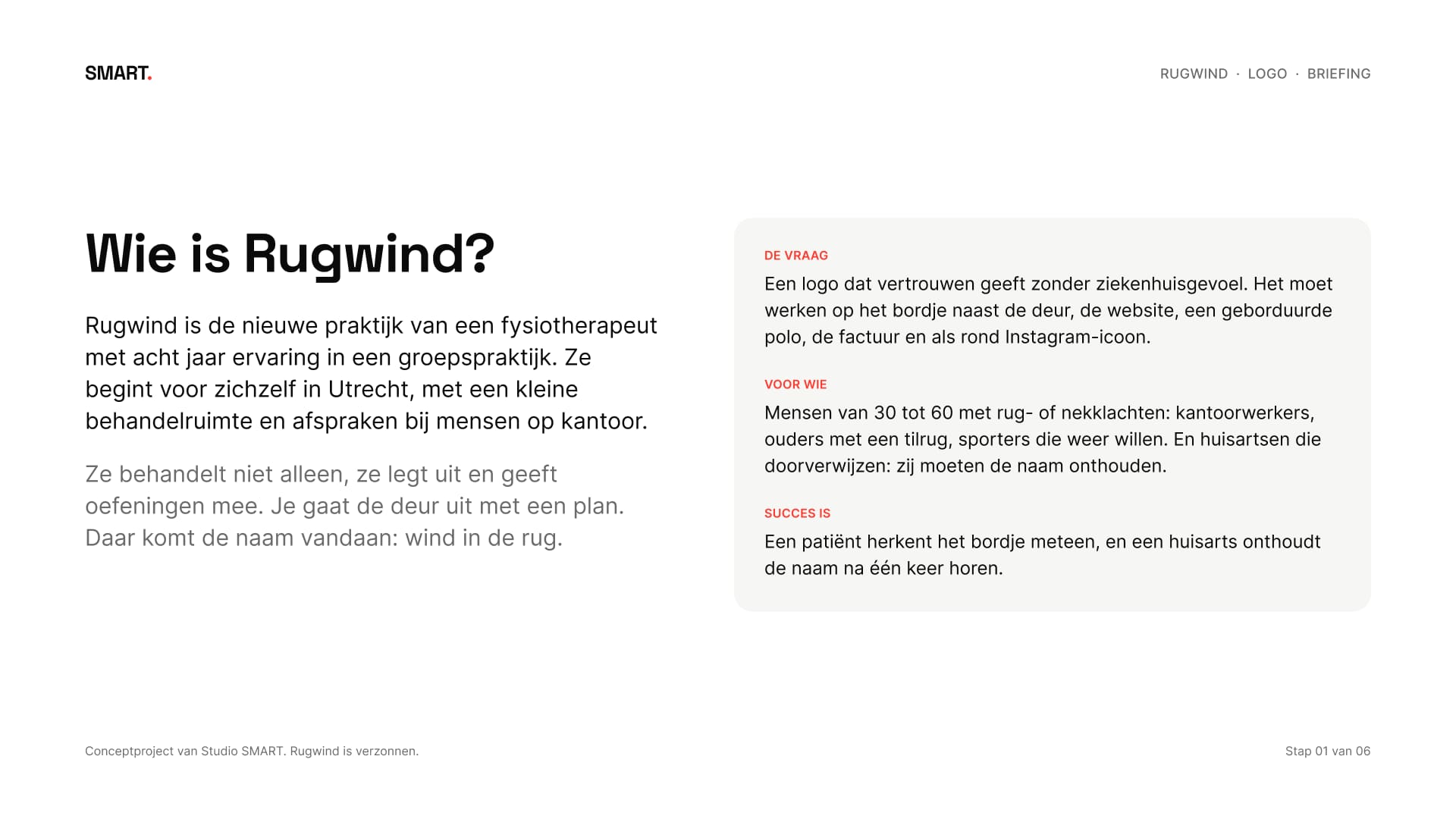 Bord met de briefing: wie Rugwind is, voor wie het logo is en wanneer het geslaagd is