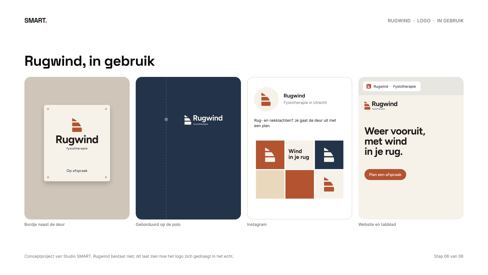 Het logo op een bordje naast de deur, geborduurd op een polo, op Instagram en in een browsertabblad