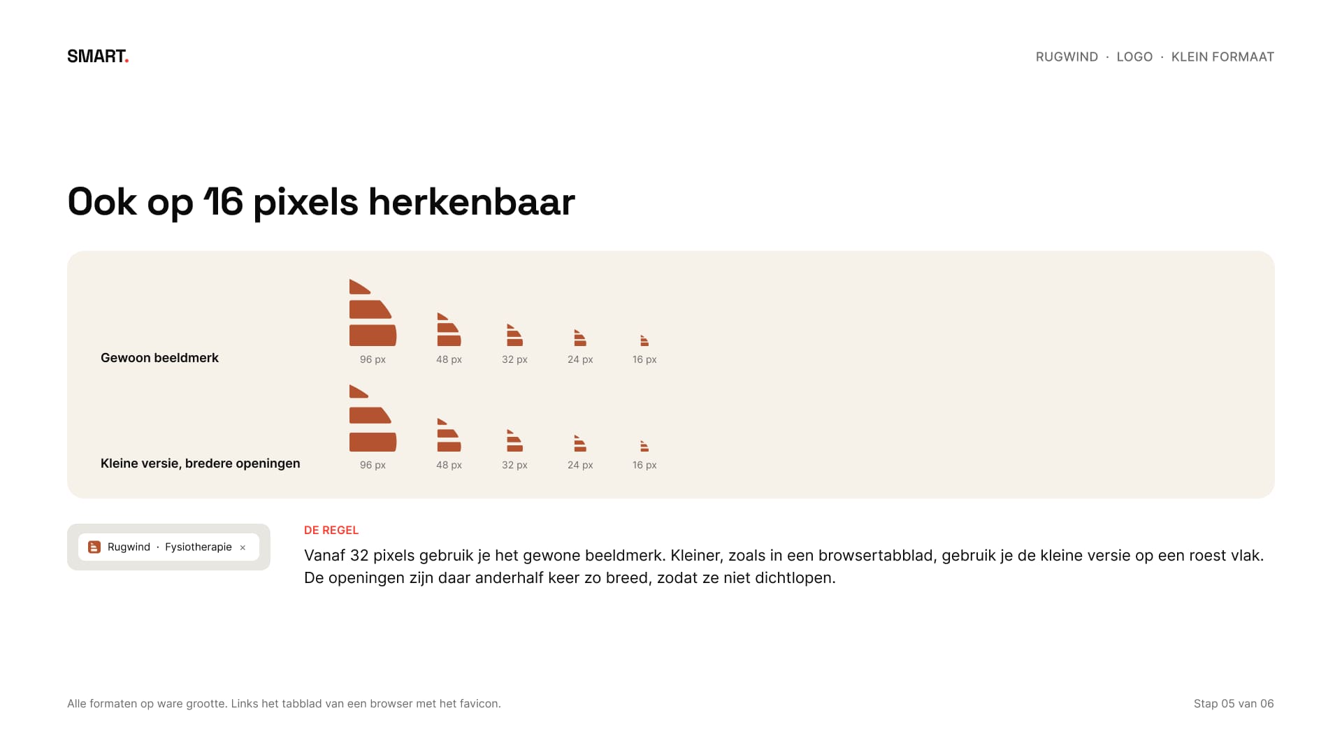 Het beeldmerk van 64 tot 16 pixels, naast de kleine versie met bredere openingen