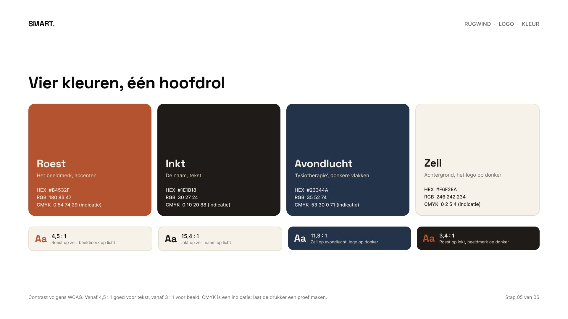 Vier kleurvlakken, roest, inkt, avondlucht en zeil, met kleurcodes en contrast