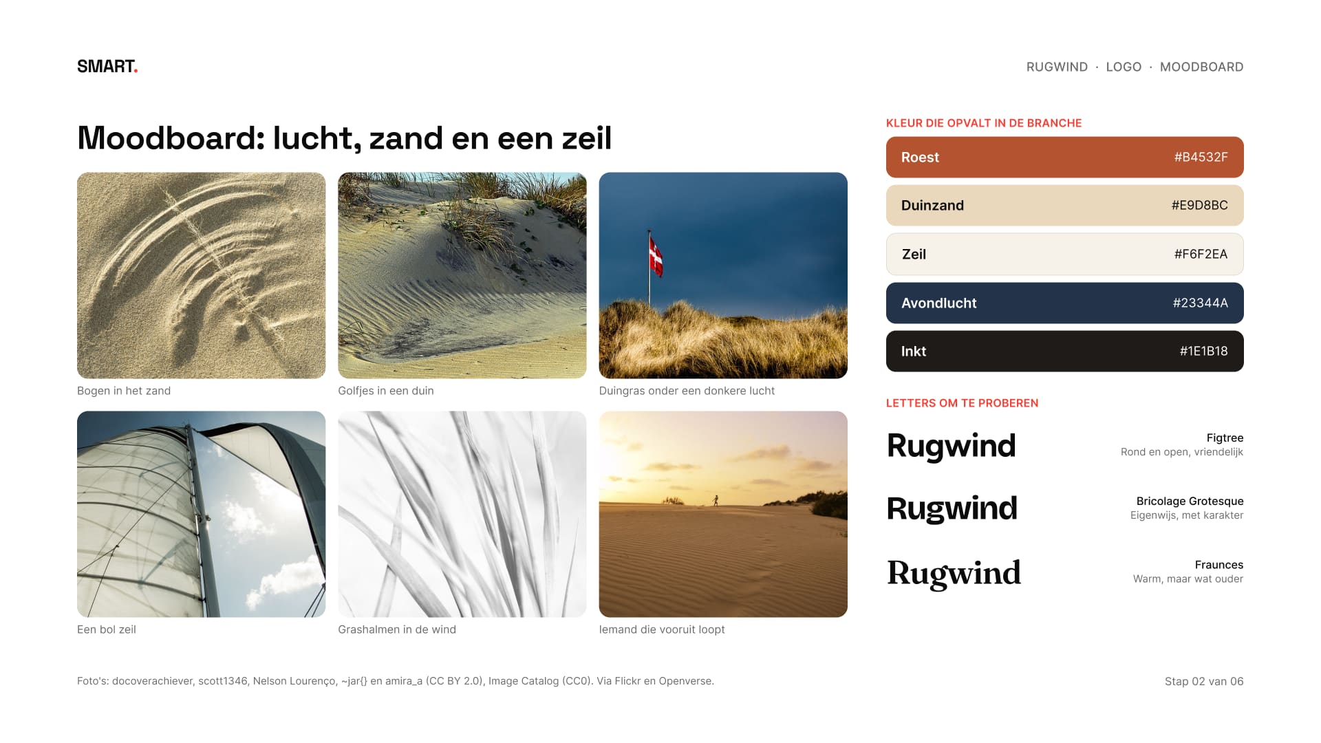 Moodboard met foto's van zand, duinen, een zeil en een strand bij avond, met vijf kleuren en drie letters