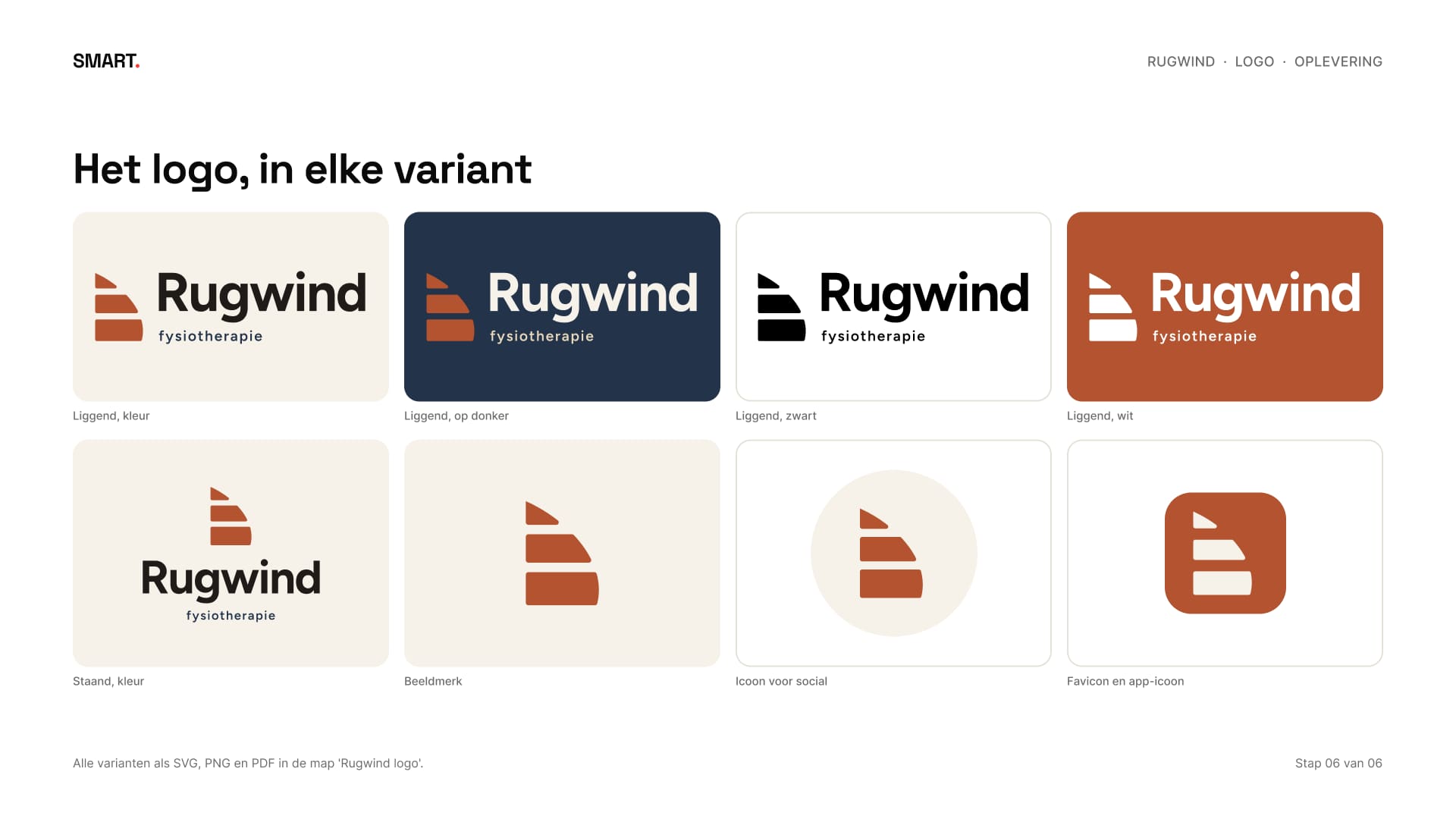 Acht varianten van het logo: liggend in kleur, op donker, zwart en wit, staand, het beeldmerk, een rond icoon en een app-icoon