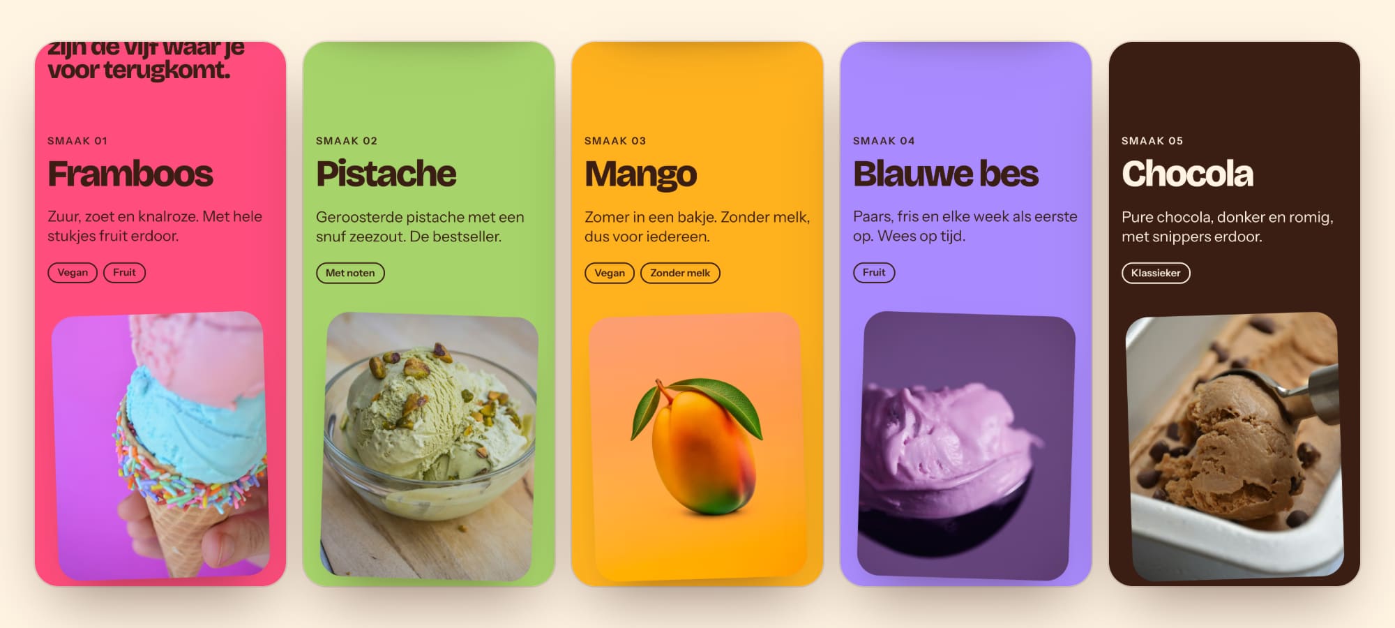 Vijf telefoonschermen met de smaken framboos, pistache, mango, blauwe bes en chocola, elk in een eigen kleur