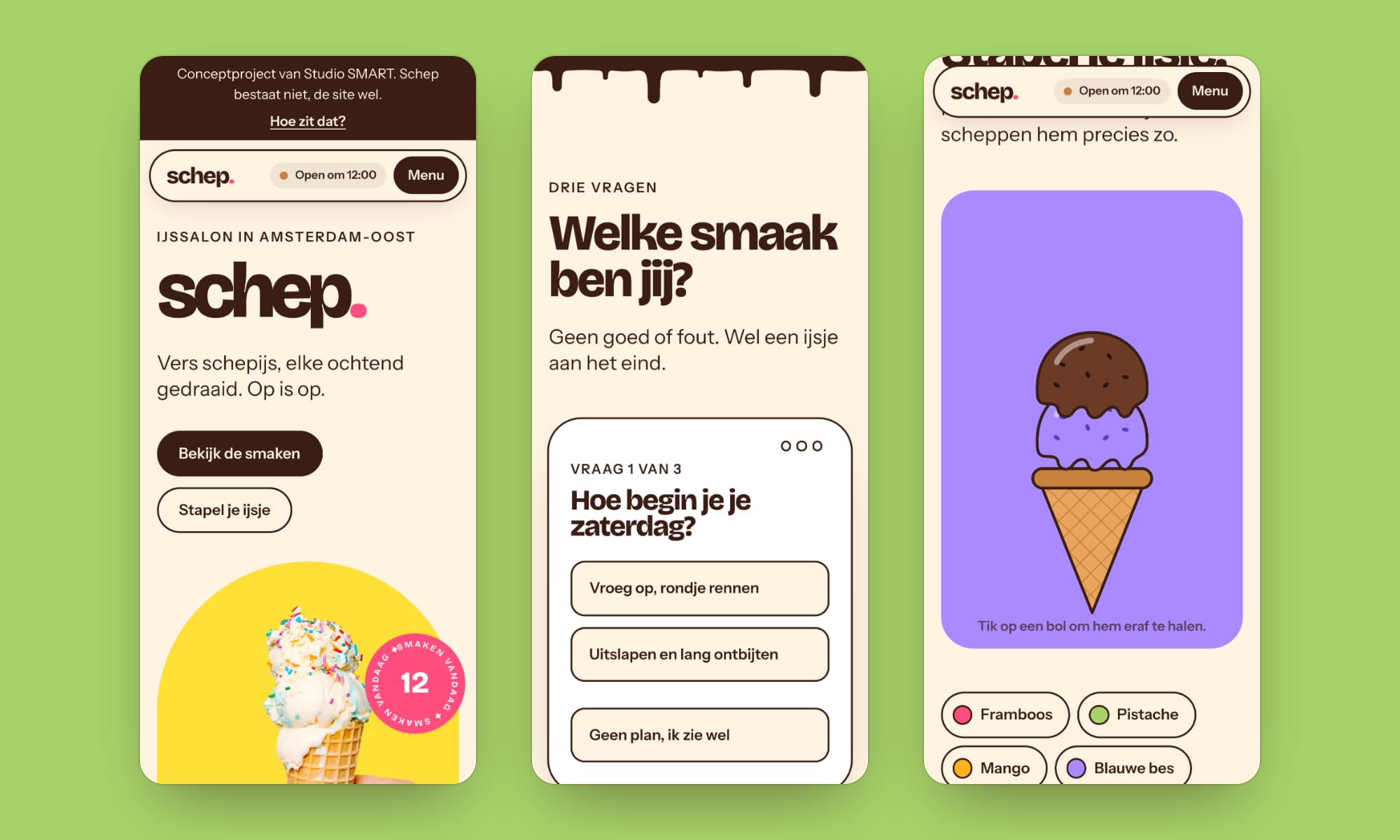 Drie telefoons met de opening, de quiz en het stapelspel