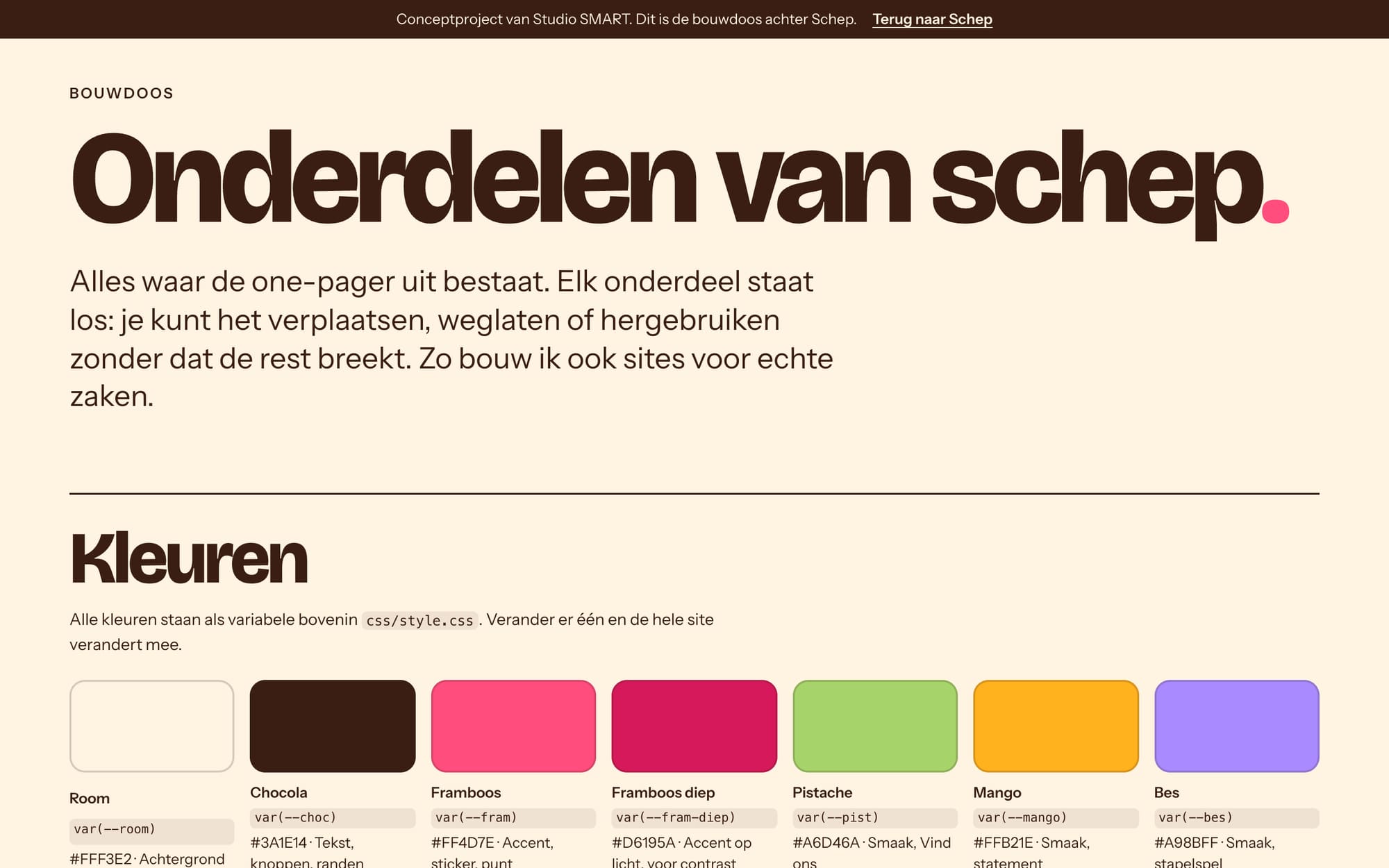 De onderdelenpagina van Schep met het kleurpalet en de letters