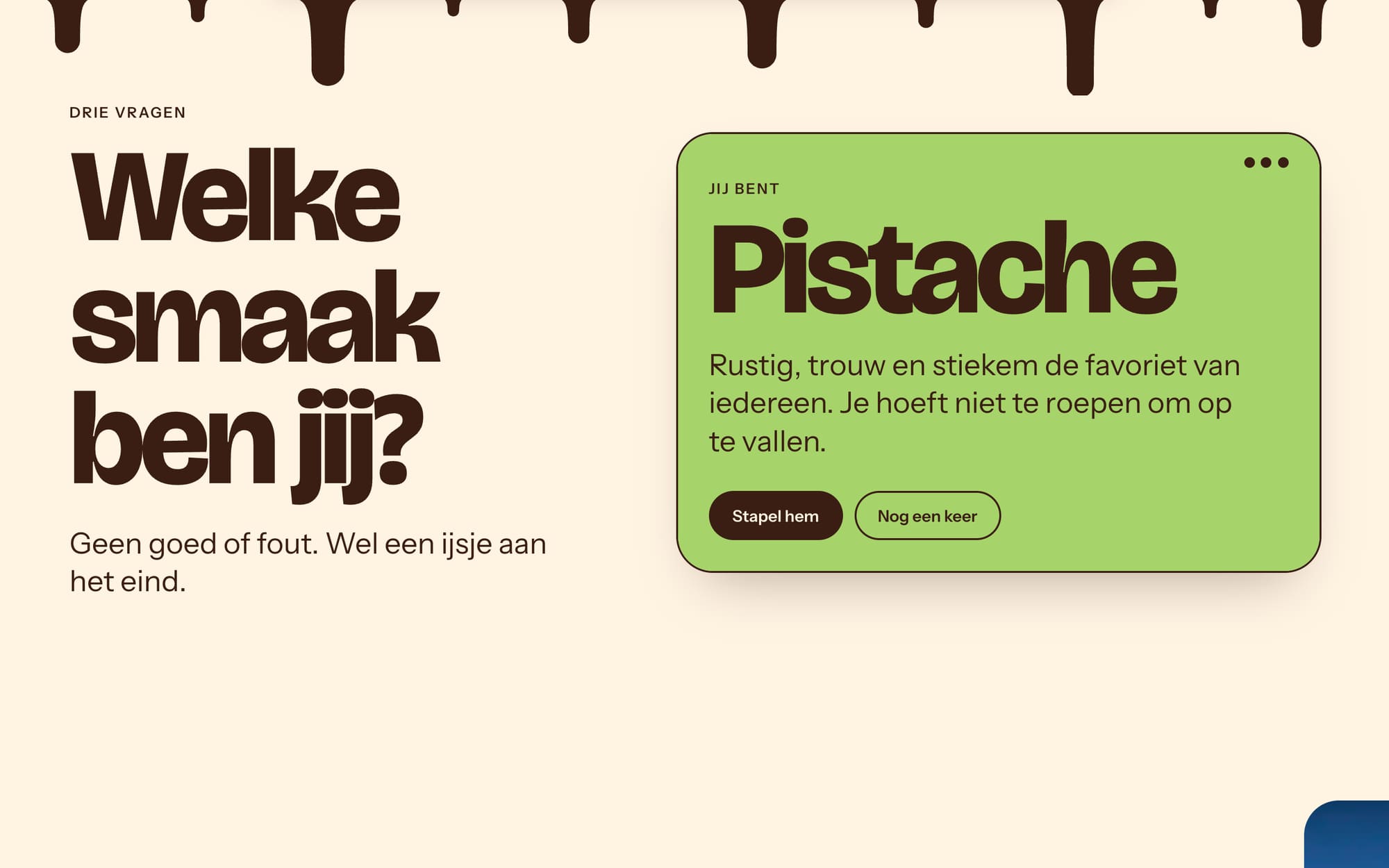 De quiz met als uitslag pistache, op een groene kaart