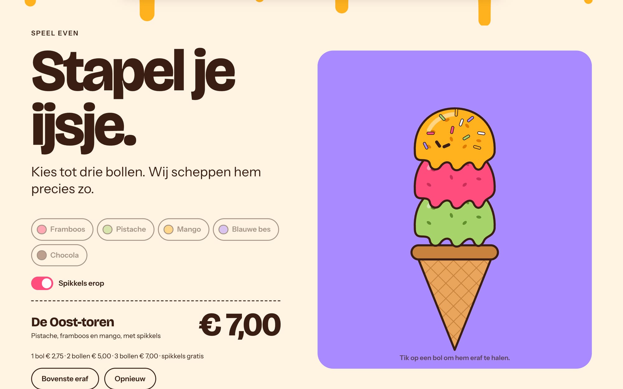 Het stapelspel met drie bollen, spikkels en een bon van 7 euro