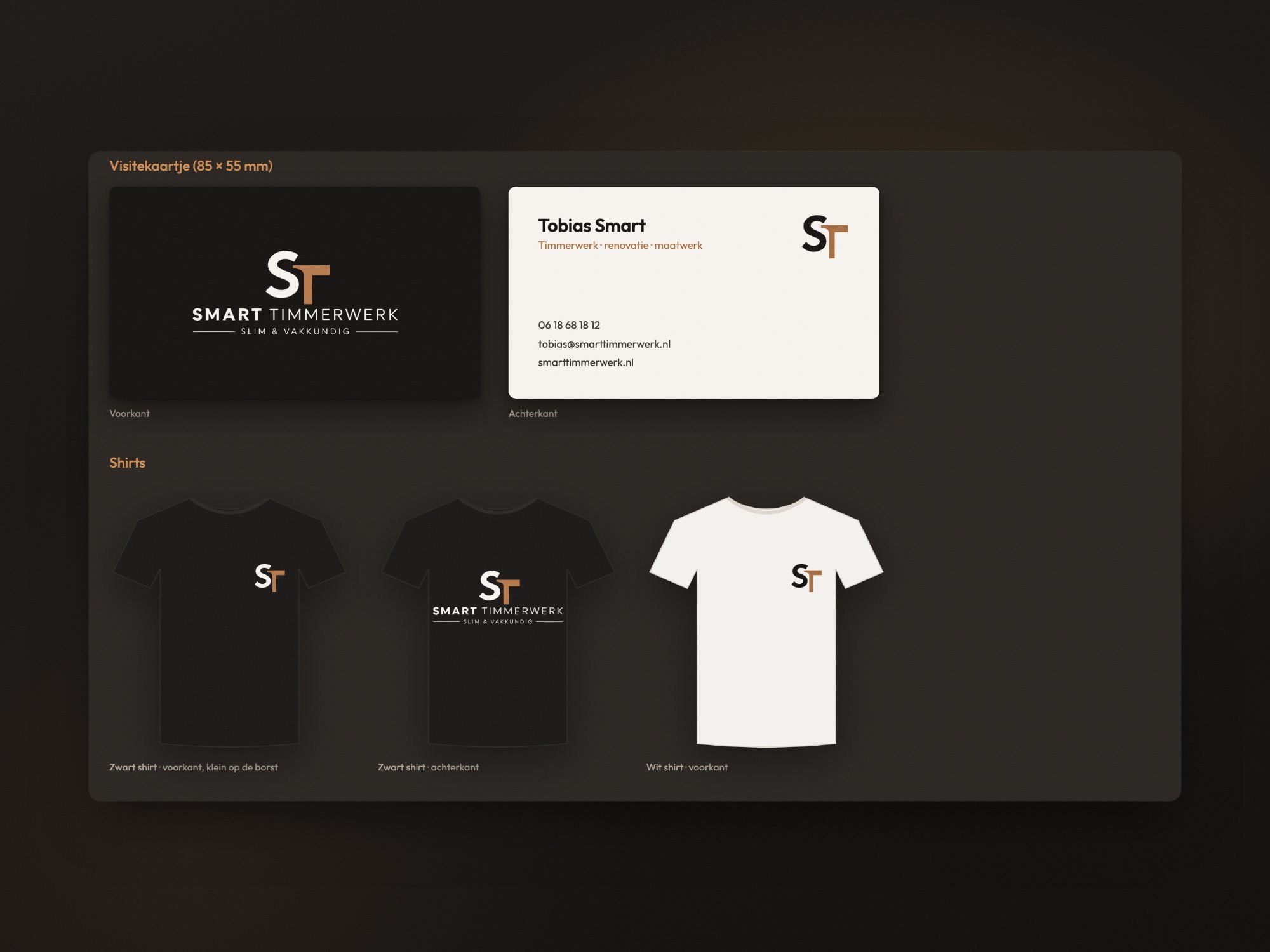 Het logo op visitekaartjes en shirts