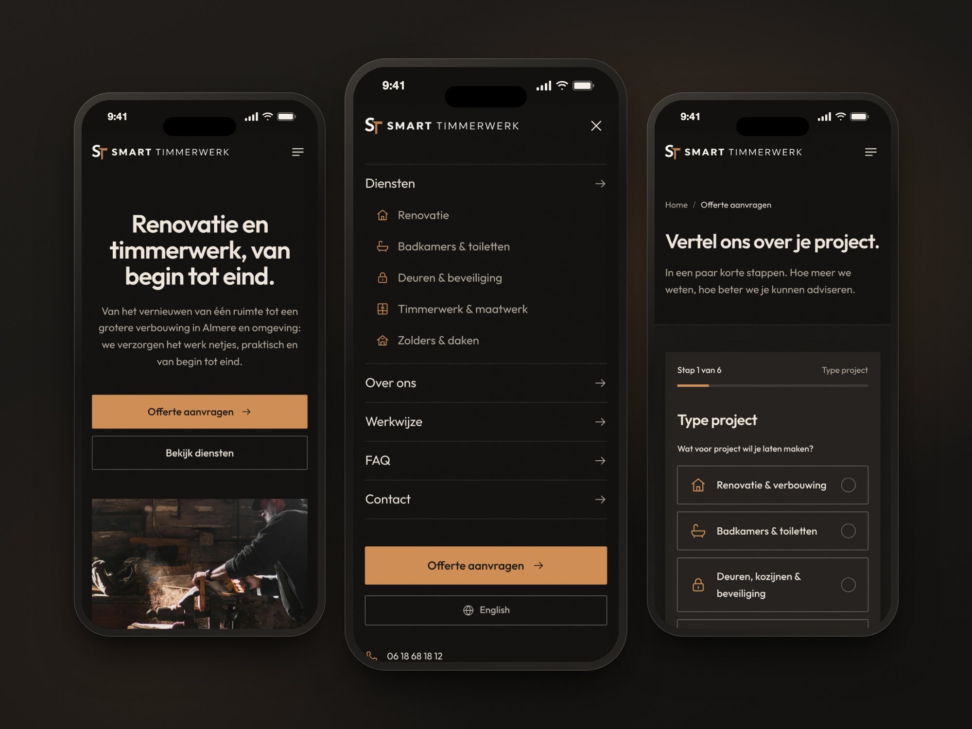 Homepage, menu en offerteflow op drie telefoons
