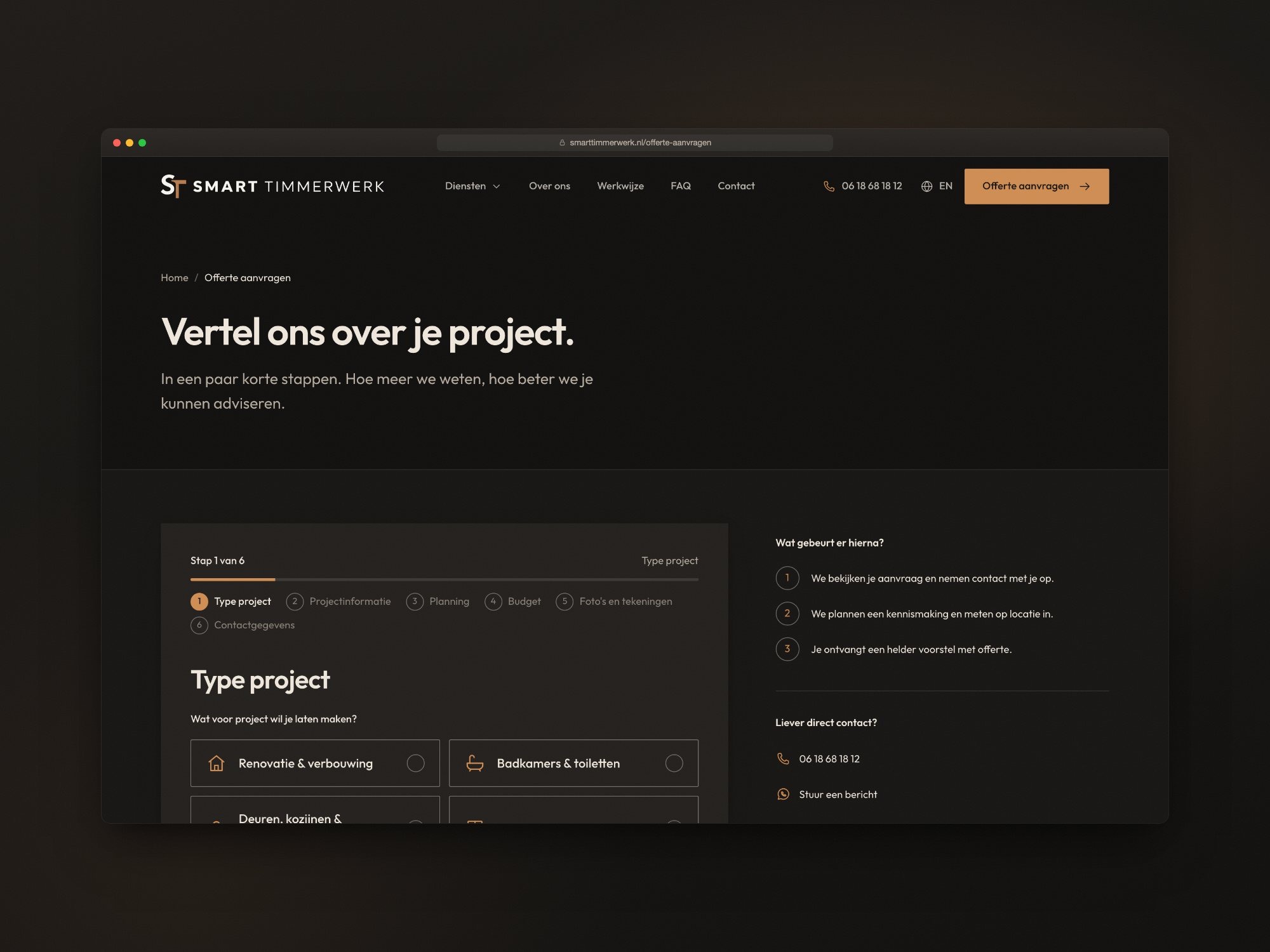 Stap 1 van de offerteflow op desktop