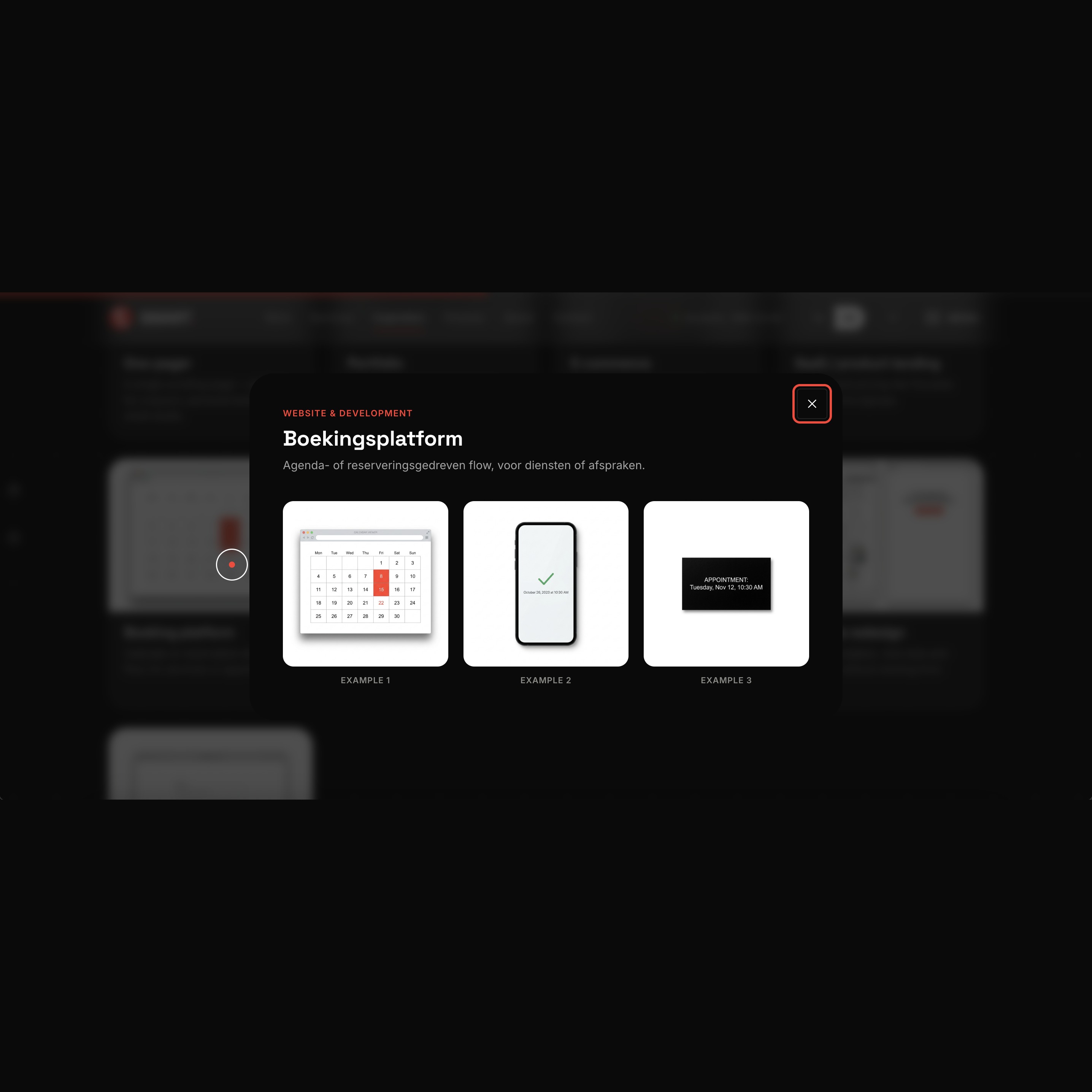 Inspiratie-pop-up: Boekingsplatform-voorbeelden, dark mode