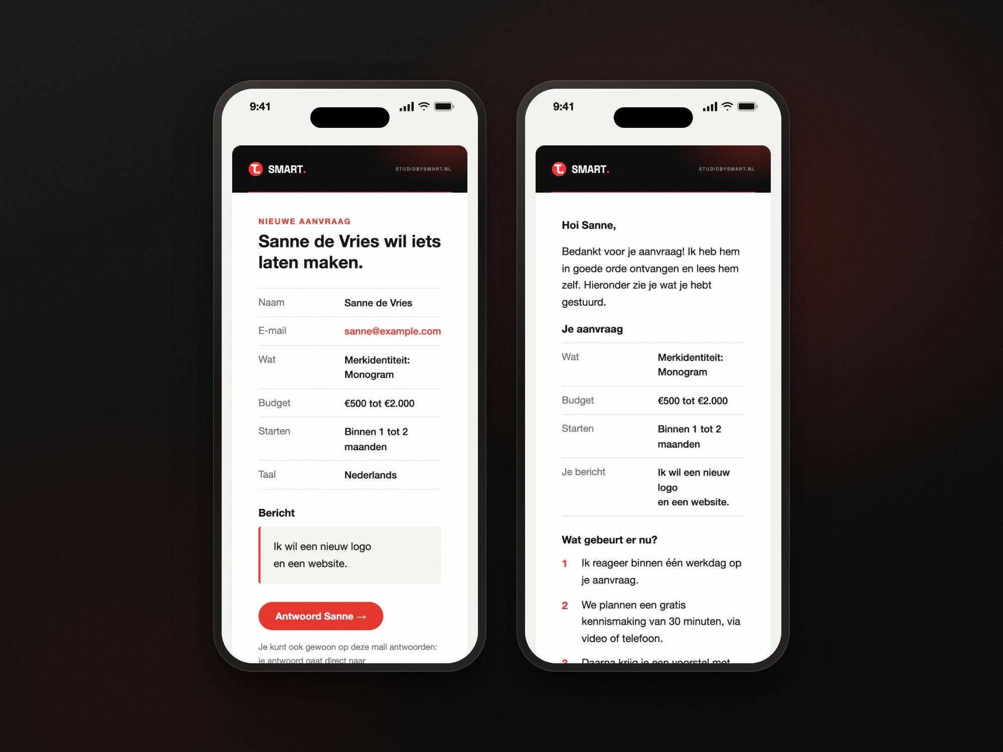 De melding van een nieuwe aanvraag en de bevestiging aan de bezoeker op een telefoon
