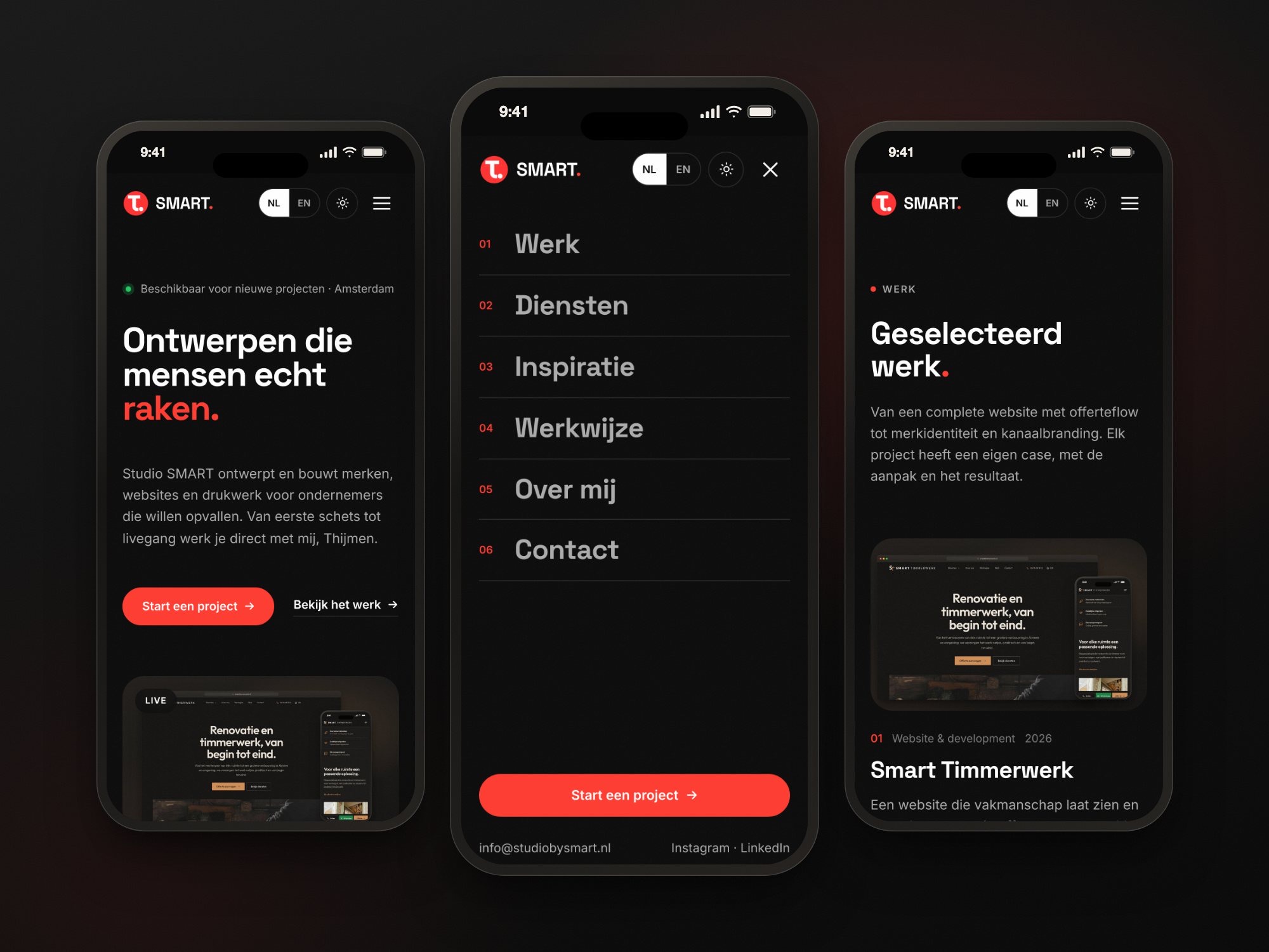 Homepage, menu en werkpagina op mobiel na het herontwerp