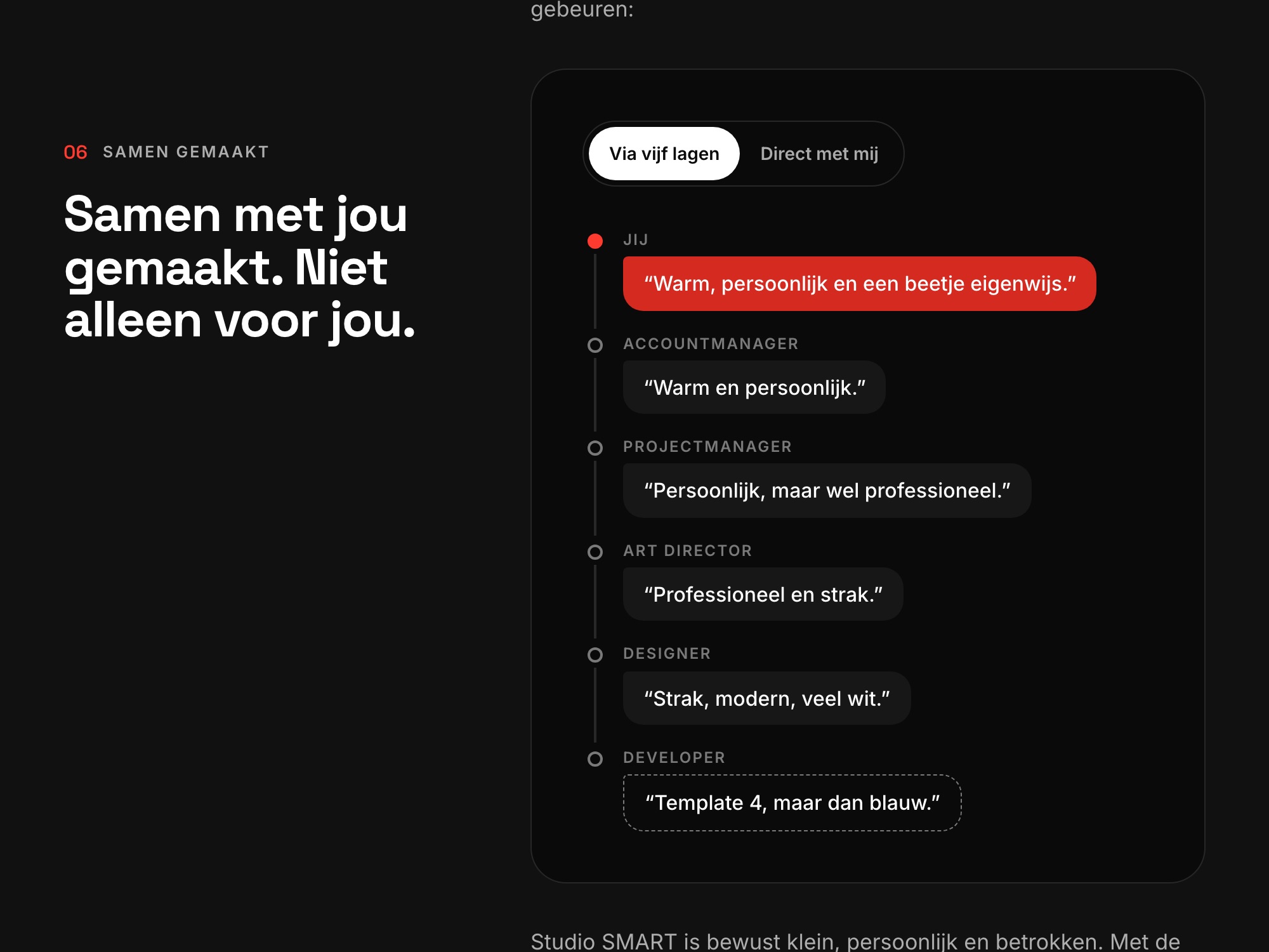 Een idee dat via vijf lagen verandert van warm en persoonlijk in een standaardtemplate