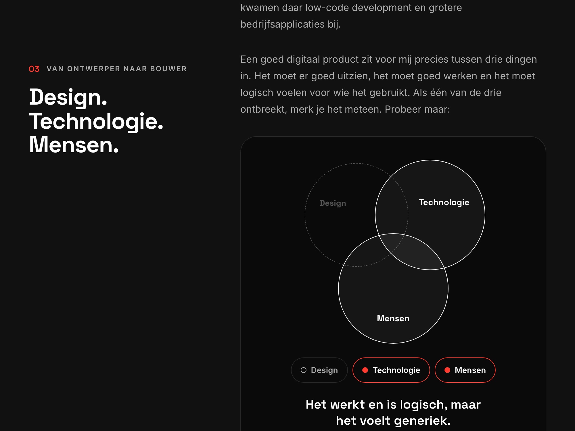 Drie overlappende cirkels voor design, technologie en mensen, met design uitgeschakeld