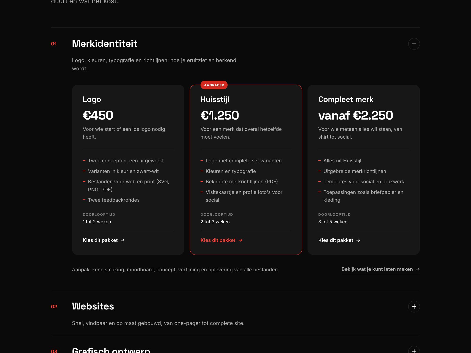 Pakketkaarten op de dienstenpagina met prijs, inhoud en doorlooptijd