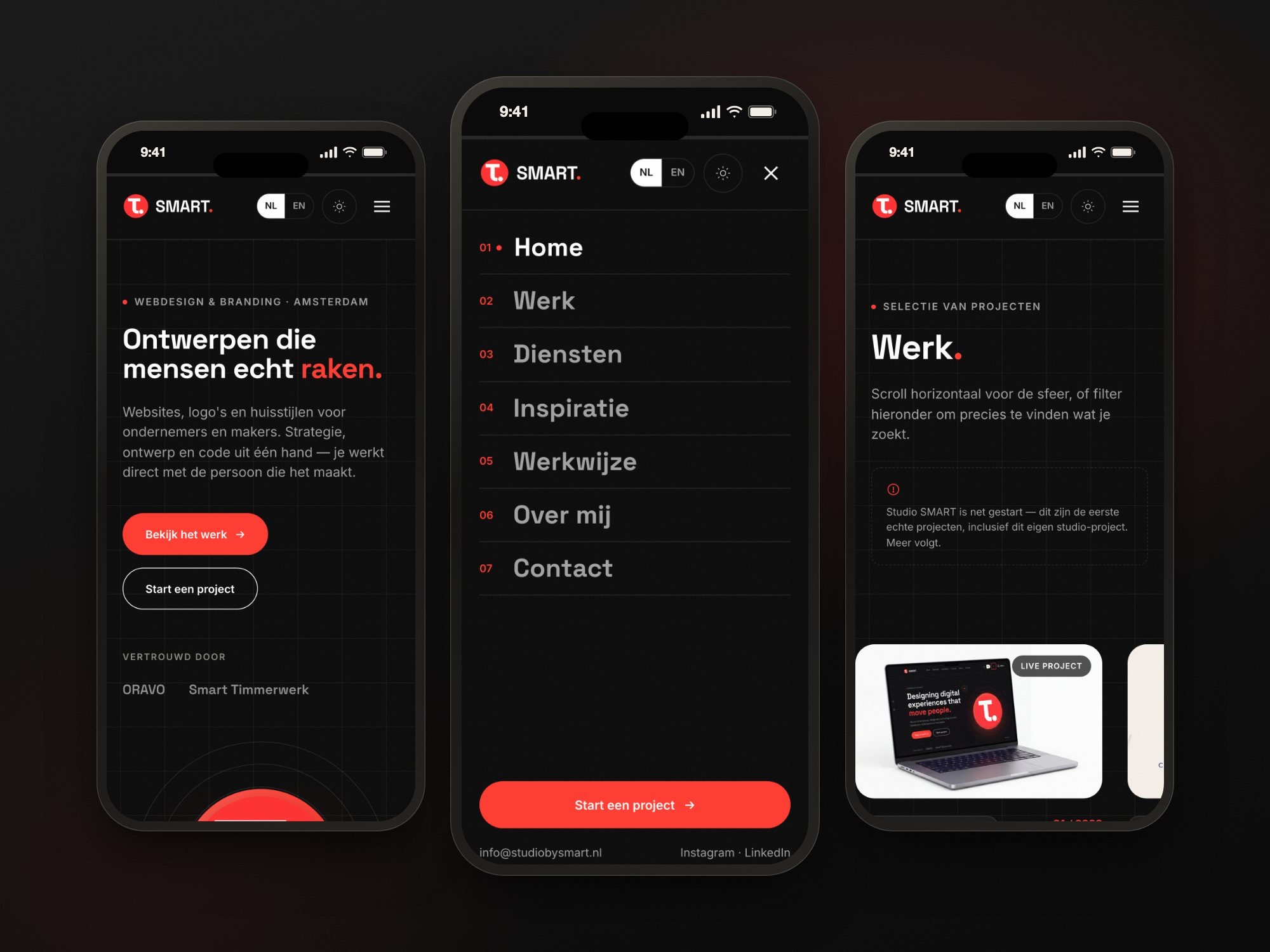 Homepage, menu en werkpagina op mobiel voor het herontwerp